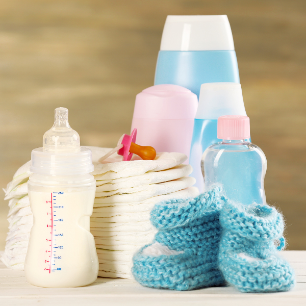 baby bottle, diapers, and other baby supplies