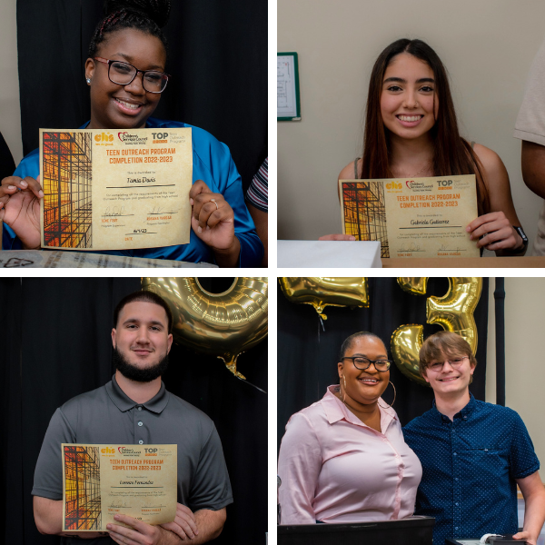 4 teens smile at the camera while holding their certificates