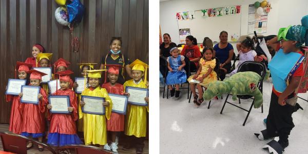 group of children in graduation caps and downs and a group of children enjoying a reading presentation