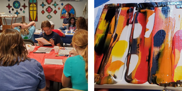 a group of students make art at a table. an abstract art print.